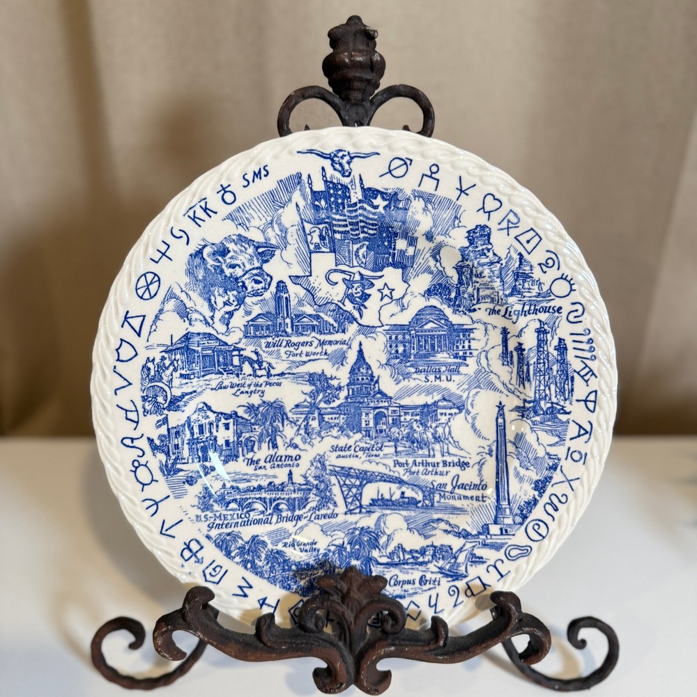 Vernon Kilns Texas Lone Star State Souvenir Plate Blue Transferware Landmarks